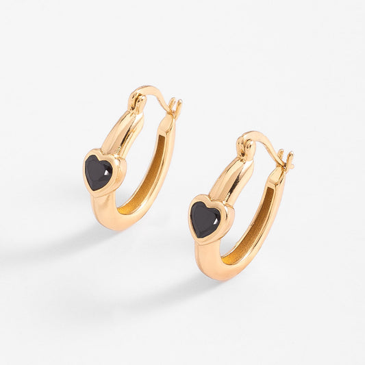 Aretes en baño de oro corazón negro diseño moderno 2 cm