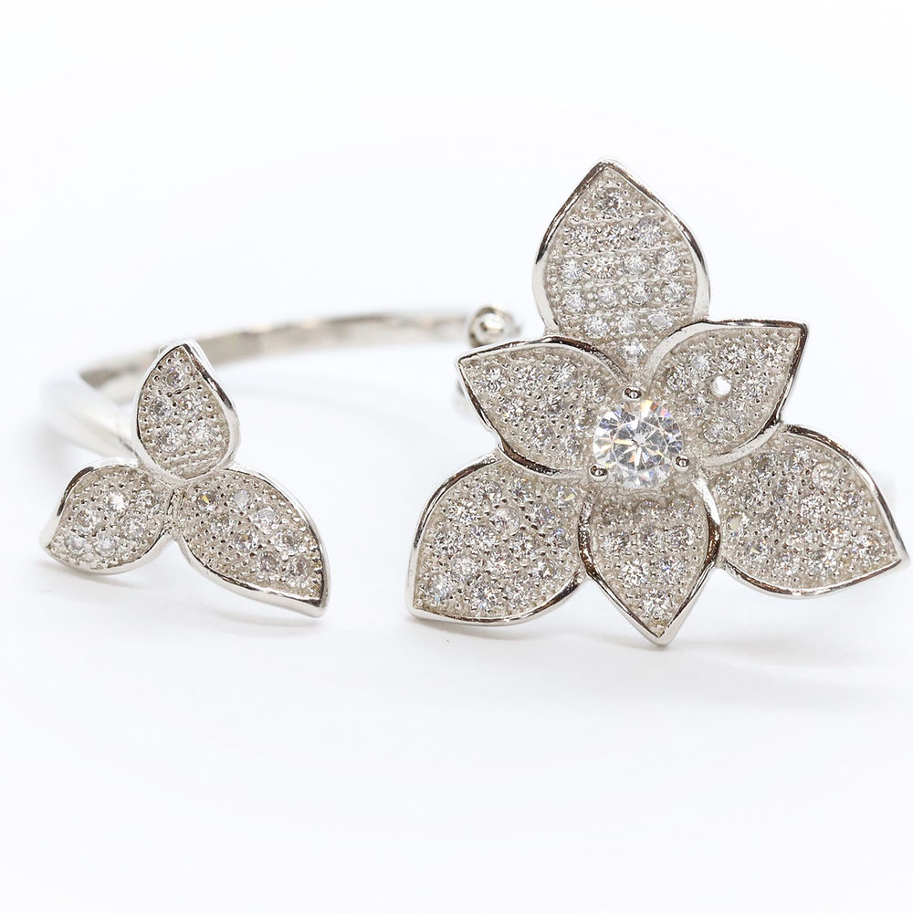 Anillo Flor Doble Plata .925 Baño Rodio y Zirconias