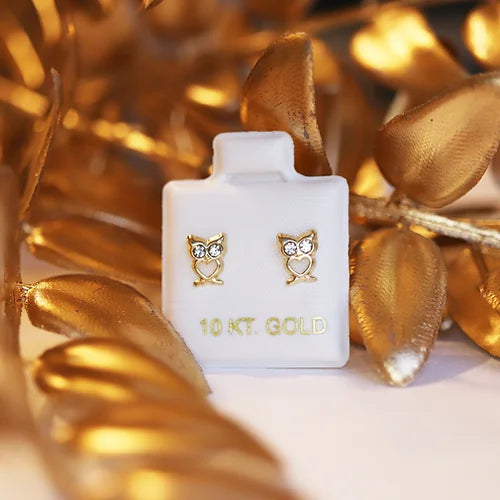 Broquel Oro 10k Búho con rasque Zirconia