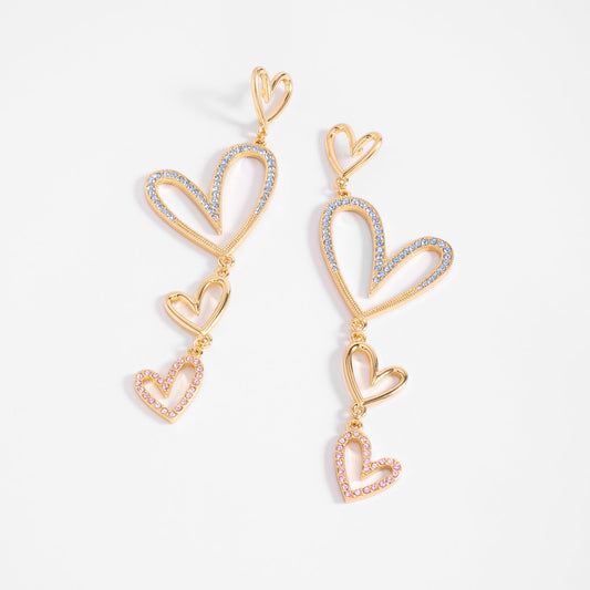 Aretes largos poste baño oro formas corazón y piedras color