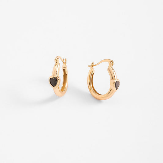 Aretes en baño de oro corazón negro diseño moderno 2 cm