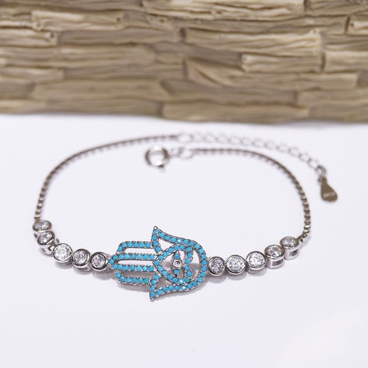 Pulsera Mano Fátima turquesitas micropave Plata 925 Baño Rodio