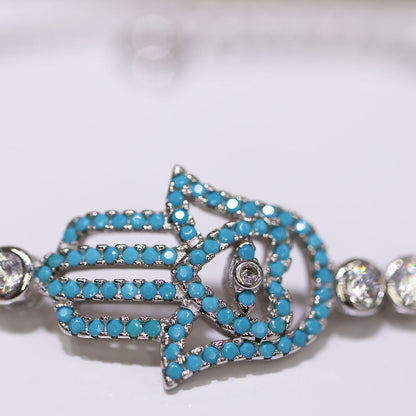 Pulsera Mano Fátima turquesitas micropave Plata 925 Baño Rodio