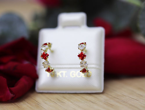 Broquel Oro 10k Media Coqueta zirc Rojas y Blancas