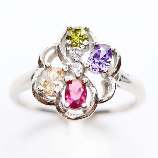 Anillo Flor 4Estaciones Plata .925 Baño Rodio y Zirconias
