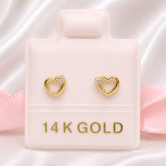 Broquel Oro 14k Corazon Resaque con Zirconia