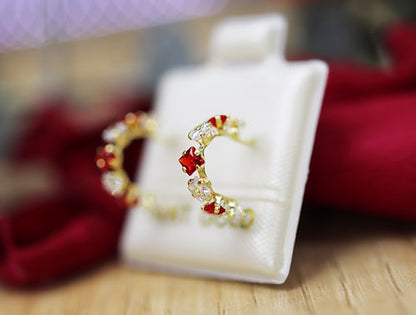 Broquel Oro 10k Media Coqueta zirc Rojas y Blancas