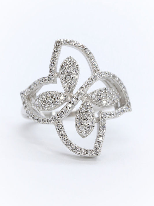 Anillo Flor Plata .925 Baño Rodio y Zirconias