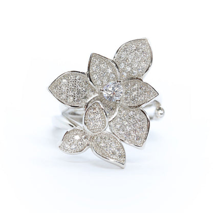 Anillo Flor Doble Plata .925 Baño Rodio y Zirconias