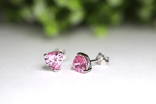 Aretes CZ Corazón Rosa Plata .925 bañados en Rodio