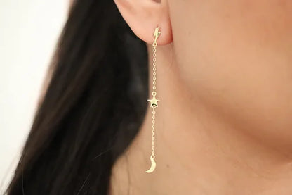 Aretes Largos Rayo,Estrella & Luna Plata .925 baño Oro