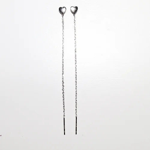 Aretes Largos corazón Plata .925 baño Rodio