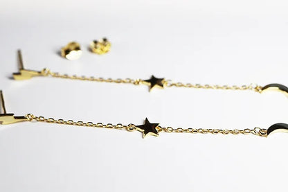 Aretes Largos Rayo,Estrella & Luna Plata .925 baño Oro