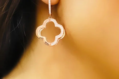 Aretes Flor Colgante - Plata .925 Baño Oro Rosa y Zirconias