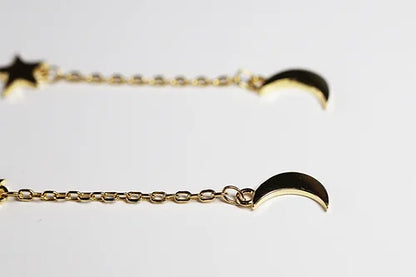 Aretes Largos Rayo,Estrella & Luna Plata .925 baño Oro