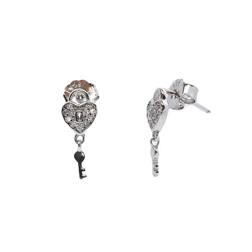 Aretes Corazón llave - Plata .925 con Baño de Rodio y Zirconias