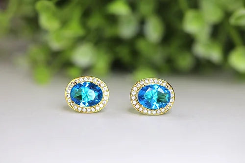 Aretes Cz Oval Azul Plata .925 bañoOro