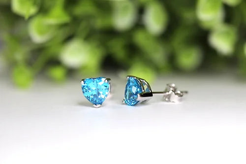 Aretes Cz Corazon Aqua Plata .925 Baño Rodio