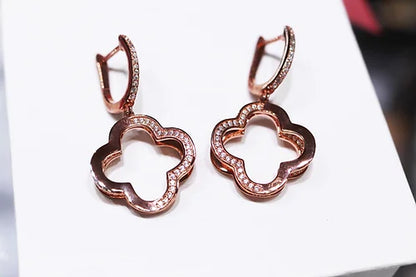 Aretes Flor Colgante - Plata .925 Baño Oro Rosa y Zirconias