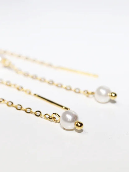 Aretes Largos con perlas creadas Plata .925 baño Oro