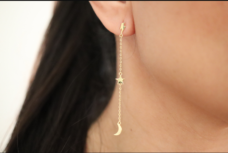 Aretes Largos Rayo, Estrella & Luna Plata .925 Baño Oro